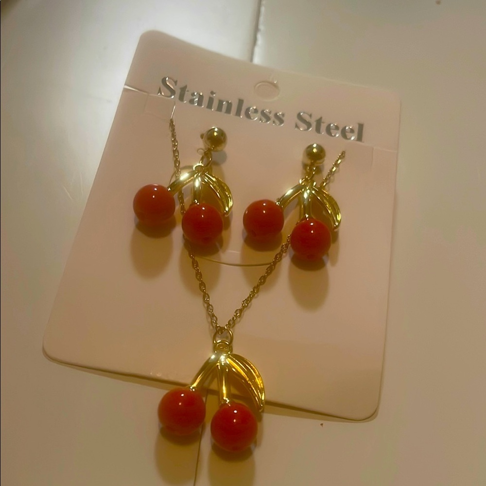 Gold and Red Cherry Jewelry Set